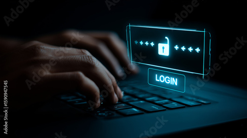 Professional hands typing on a sleek, dark laptop, with a minimalist, glowing blue holographic login interface floating just above the keyboard. A large, centered lock icon and a solid blue 