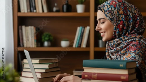 Muslim woman smiling while studying in library