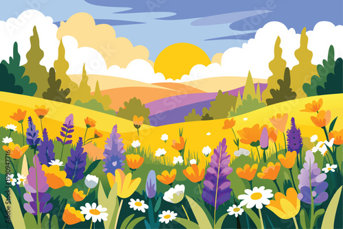 Colorful Spring Meadow with Flowers, Trees, Rolling Hills, and a Setting Sun Illustration