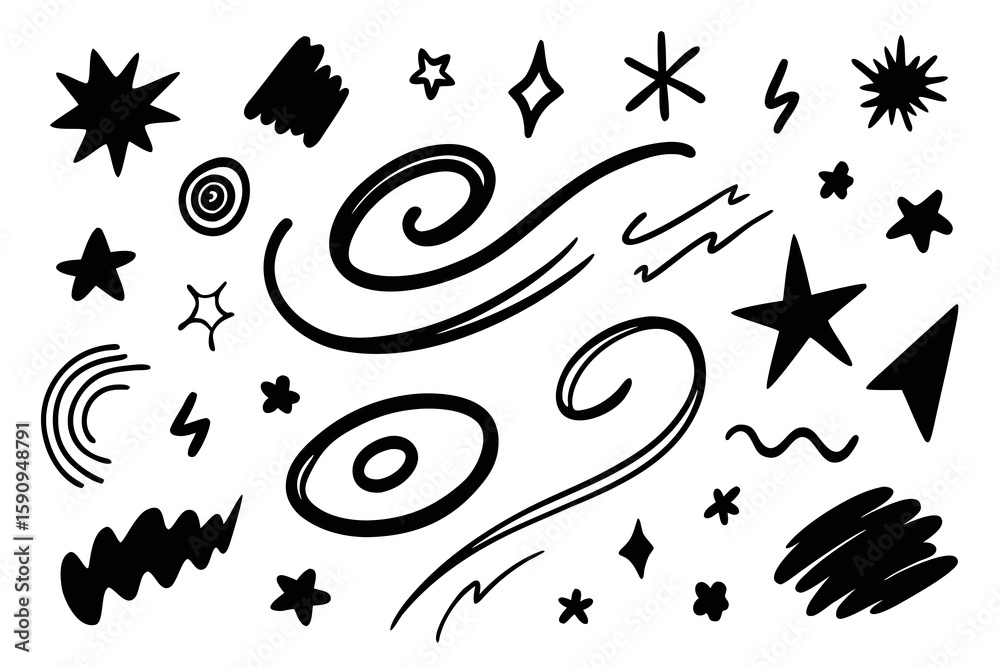 Obraz premium Playful doodles with stars, swirls, and abstract shapes create a fun, whimsical design element suitable for various creative projects, adding a touch of hand-drawn charm.