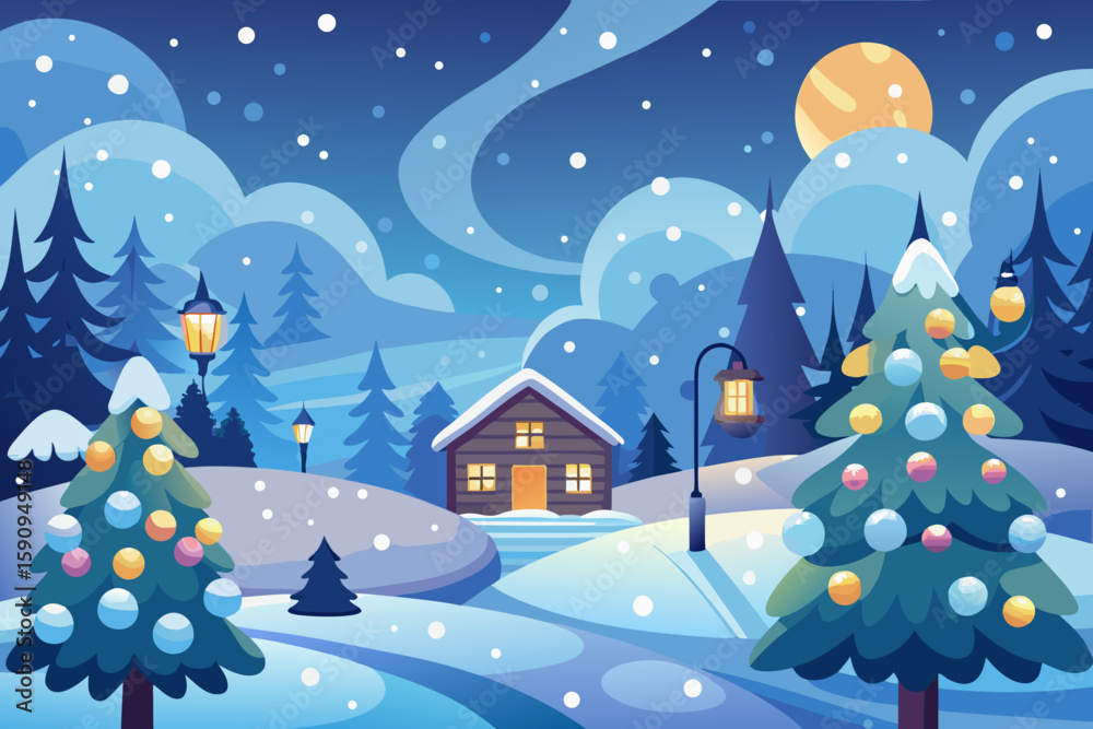 Naklejka premium Snowy winter scene with a cozy cabin, illuminated Christmas trees, and gentle snowfall creating a festive holiday atmosphere
