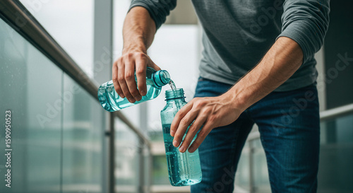 man refilling water bottle. Man pouring water from one bottle to another indoors  