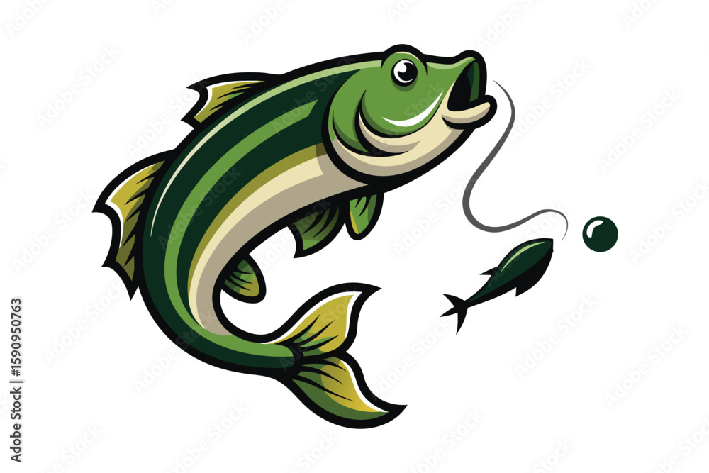 Fototapeta premium Jumping Bass Fish with Hook and Lure Illustration on White Background