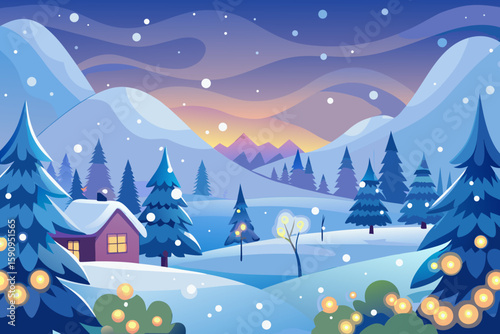 A charming winter landscape shows snow-covered mountains, a cozy house, and decorated pine trees creating a festive and whimsical seasonal scene.