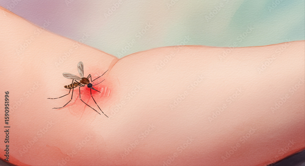 Obraz premium mosquito bite on baby’s arm. Mosquito feeding on human skin with visible red bite reaction 