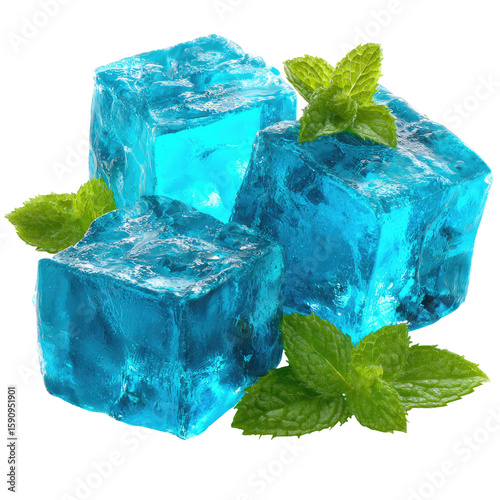 Fresh Blue Mint Ice Cubes Isolated On White Background