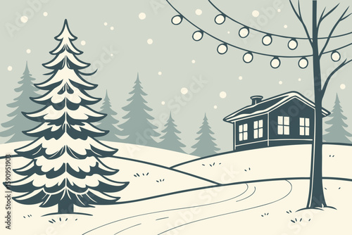 Winter scene depicts a cozy house nestled in a snowy landscape with decorated Christmas trees, ideal for seasonal designs and holiday graphics.