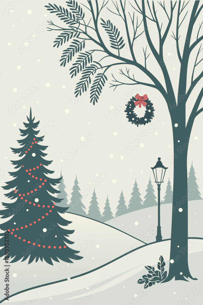 Fototapeta premium Winter Christmas scene shows decorated tree, wreath, lamppost, and snow falling in a peaceful winter landscape.