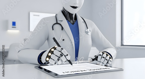 Robotic Doctor Signing Digital Medical Form.