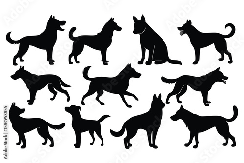 Real Dog Silhouette Set – 10 Breeds in Natural Poses Like Running, Barking, Sitting, Playing.