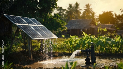 Solar-powered water pump irrigating a rural farm at sunset, showcasing sustainable technology in an agrarian setting with simple dwellings in the background