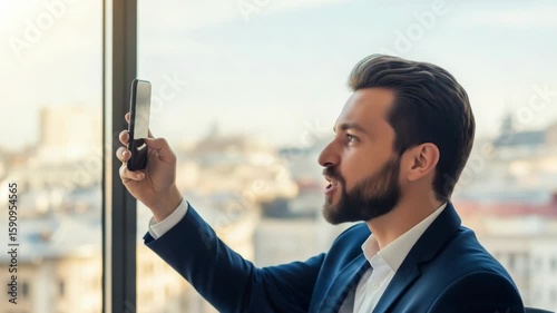 Businessman taking selfie with city skyline in background