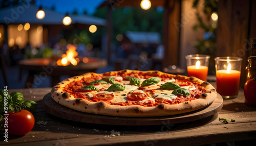 Margherita Pizza with Basil on Rustic Wooden Table at Night