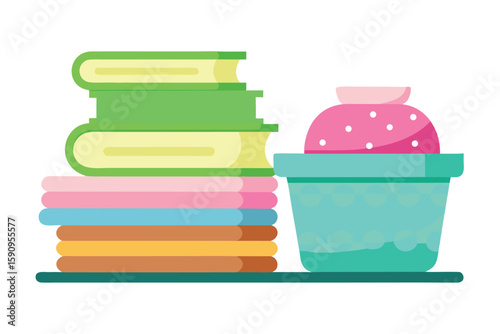Stack of Books, Colorful Fabric, and a Pink, PolkaDotted Pincushion in a Teal Pot