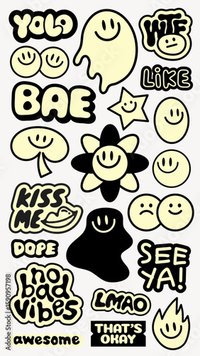 Colorful stickers with phrases like YOLO, OMG, and awesome Fun, playful, and vibrant designs with smiley faces and quirky expressions on a purple background Funky stickers, vector set