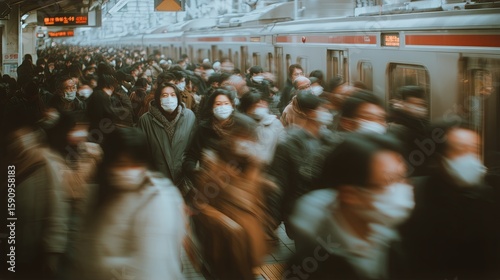 Masked Commuters Boarding Subway Train in Busy Urban Station