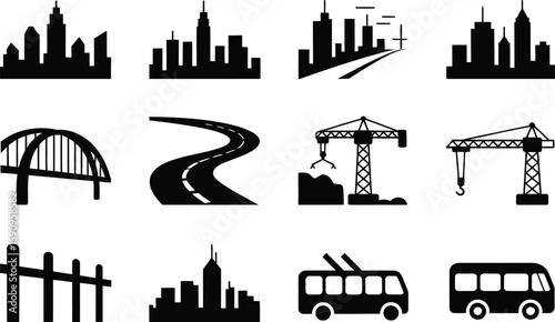 Black and White Cityscape Icons with Bridge Road Crane and Bus Silhouettes