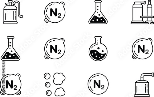 Black and White Science Icons with Nitrogen and Laboratory Equipment