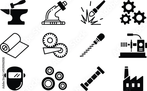 Black Icons of Metalworking Tools and Industrial Elements