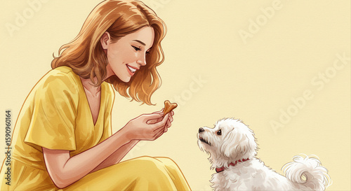 woman giving dog a treat. Young person smiling while playing with her dog indoors