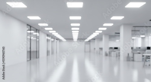 Bright and blurred modern office space with a long corridor and abundant lighting system offering