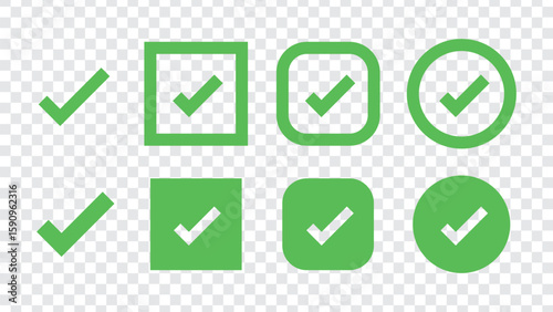 Set of checkmark icons in various shapes: checkmarks in circles, squares, and shields. Checkmark symbols for approval, validation, and confirmation. Vector element set.