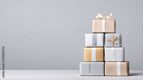 Stack of silver and gold gift boxes with ribbons on white table