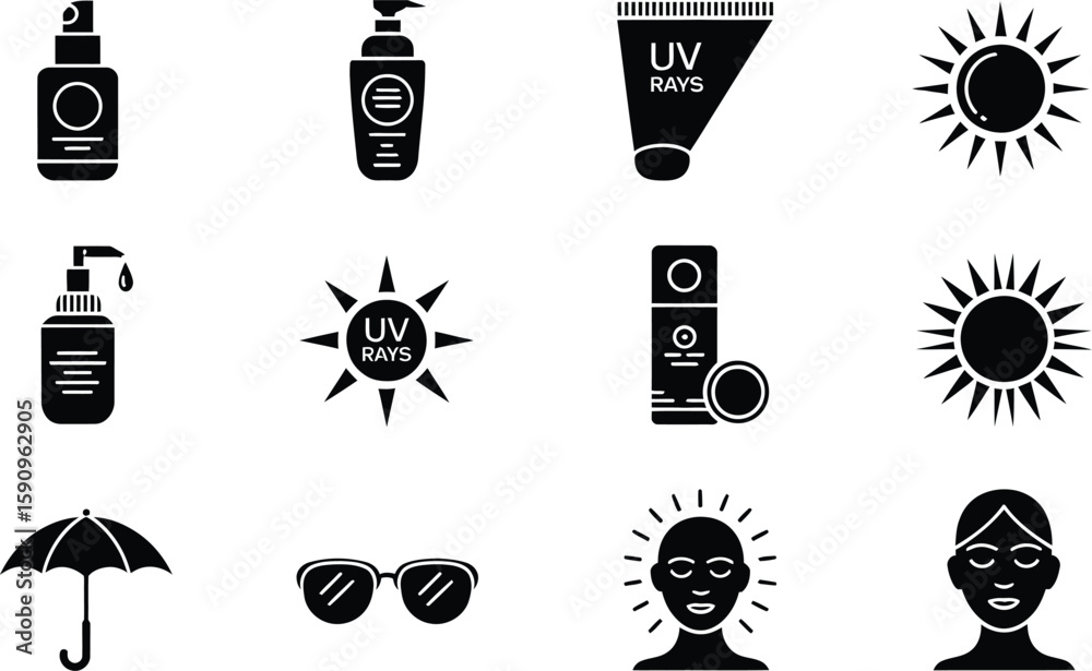 Naklejka premium Black and white sun protection icons including sunscreen sunglasses and umbrella