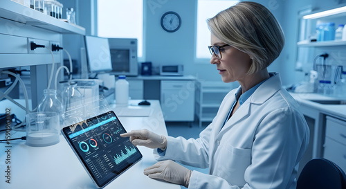 Scientist Analyzing Data on Tablet Device.