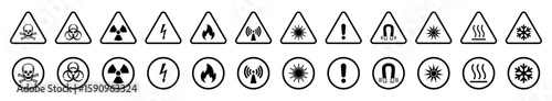 Set of industrial hazard warning and safety icons in triangle and circle outline style. Includes skull, biohazard, radiation, electric, fire, laser, magnet, heat, cold, and alert symbols.