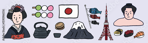 Illustration of Japanese culture with icons like a geisha, Mount Fuji, Tokyo Tower, sushi, and traditional sweets. Japanese symbols and heritage depicted. Japan travel illustrations vector set.