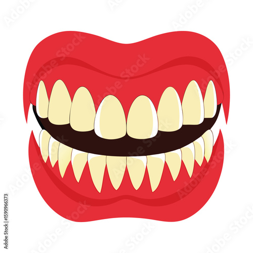 Smiling woman's mouth with red lips and braces, a vibrant illustration of dental care.