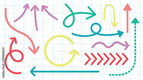 Colorful arrows in various directions and styles. Curved, straight, and zigzag arrows in bright colors. Arrows pointing up, down, and sideways. Colorful elements vector set.