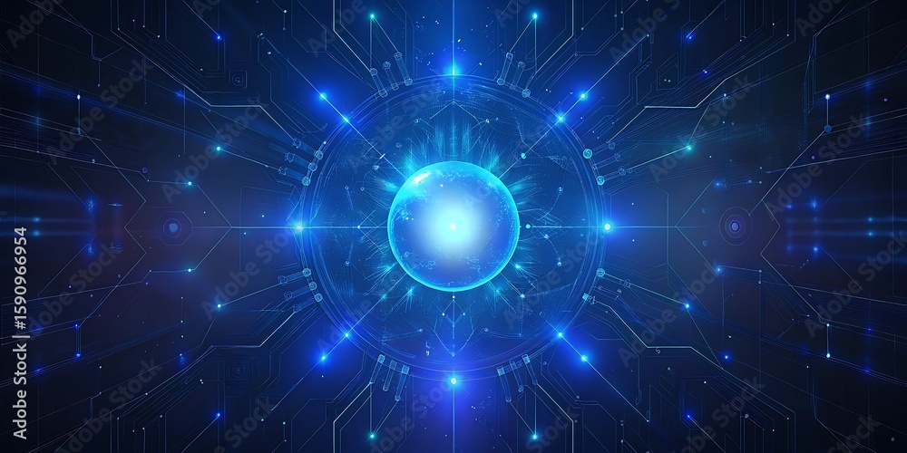 Fototapeta premium A bright blue sphere radiates energy within a complex, glowing technological matrix.