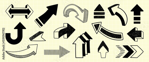 A collection of black and white arrows in various styles and directions. Arrows pointing up, down, left, and right. Bold and sketchy arrow designs. Hand drawn elements, vector set.