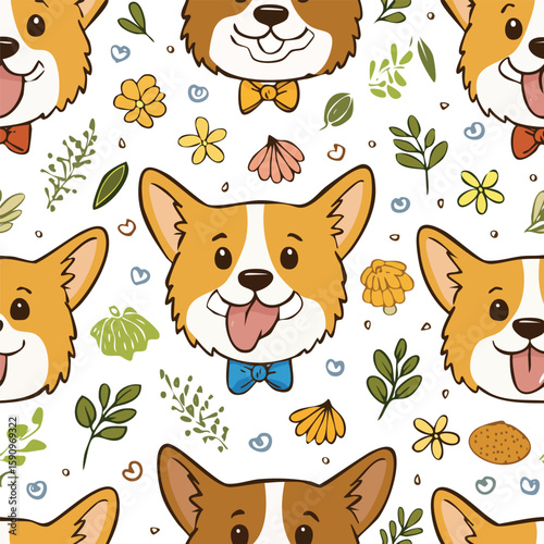 Pembroke Welsh Corgi Vector Illustration with Seamless Pattern Design