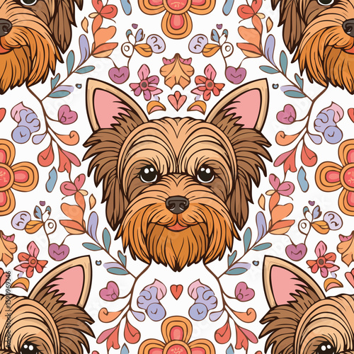 Yorkshire Terrier Vector Illustration with Seamless Pattern Design