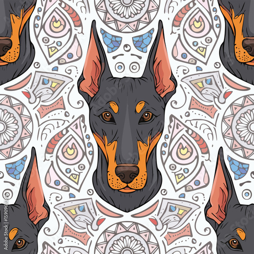 Doberman Pinscher Vector Illustration with Seamless Pattern Design