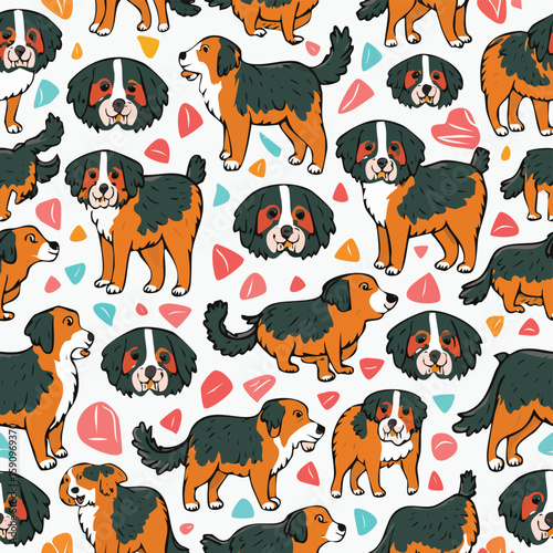 Bernese Mountain Dog Vector Illustration with Seamless Pattern Design