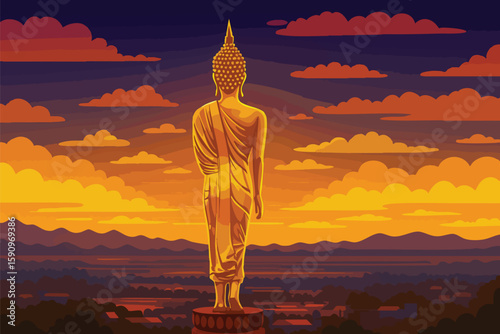 Golden Buddha statue from behind, overlooking the scenic mountains and city of Nan, Thailand, at sunset. Vibrant sky with orange and purple hues, symbolizing peace and spiritual journey.