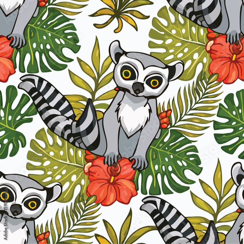 Lemur Vector Illustration with Seamless Pattern Design