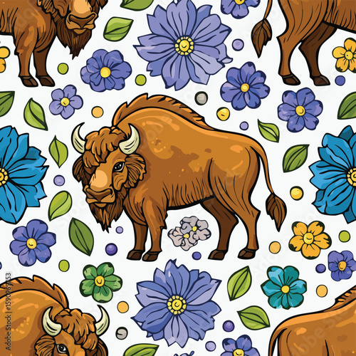 Bison Vector Illustration with Seamless Pattern Design