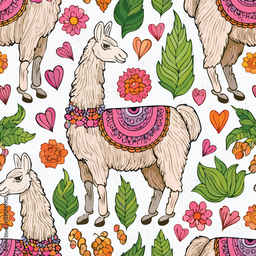 Llama Vector Illustration with Seamless Pattern Design