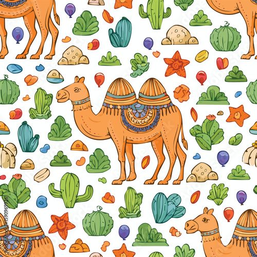 Dromedary Vector Illustration with Seamless Pattern Design