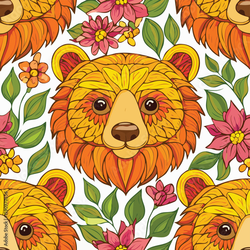 Sun Bear Vector Illustration with Seamless Pattern Design