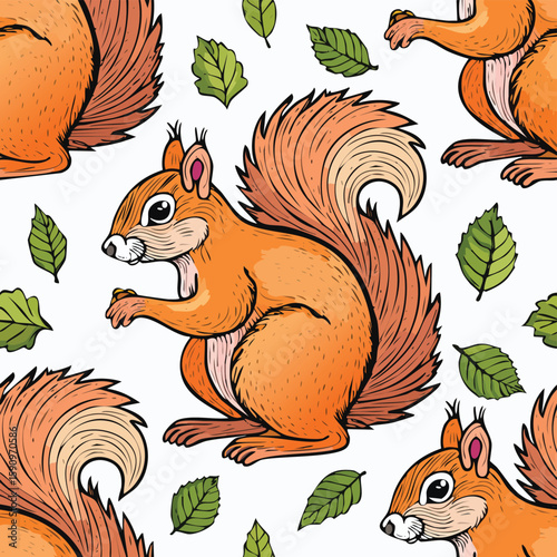 Squirrel Vector Illustration with Seamless Pattern Design