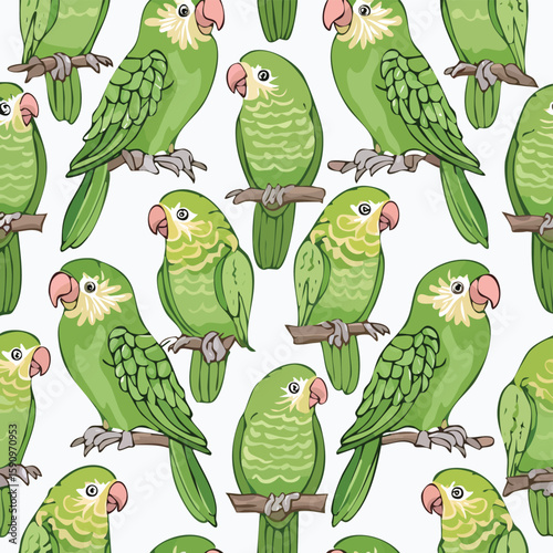 Green Cheek Conure Vector Illustration with Seamless Pattern Design