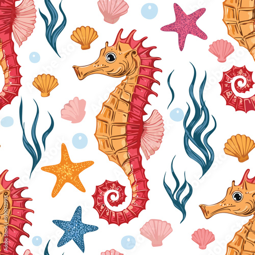 Seahorse Vector Illustration with Seamless Pattern Design