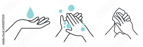 Illustration of hand washing steps: water, soap, and drying. Emphasizes hygiene with water, soap, and drying. Simple hand washing guide with water, soap, drying. Hygiene illustrations, vector set.