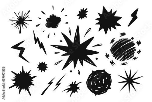 Collection of hand-drawn bursts and lightning bolts creating a dynamic design element, suitable for comic books, graphic novels and decorative projects.